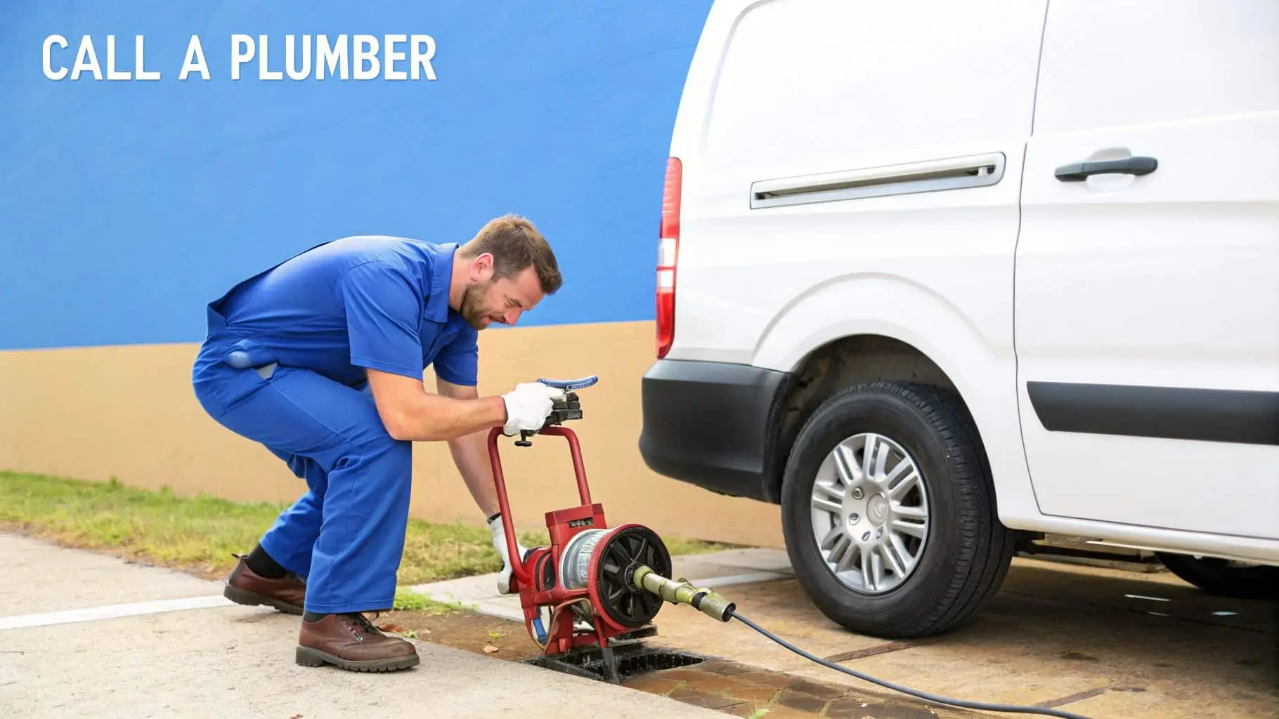 A male plumber in blue uniform operates a drain cleaning machine on a sidewalk near a white van.