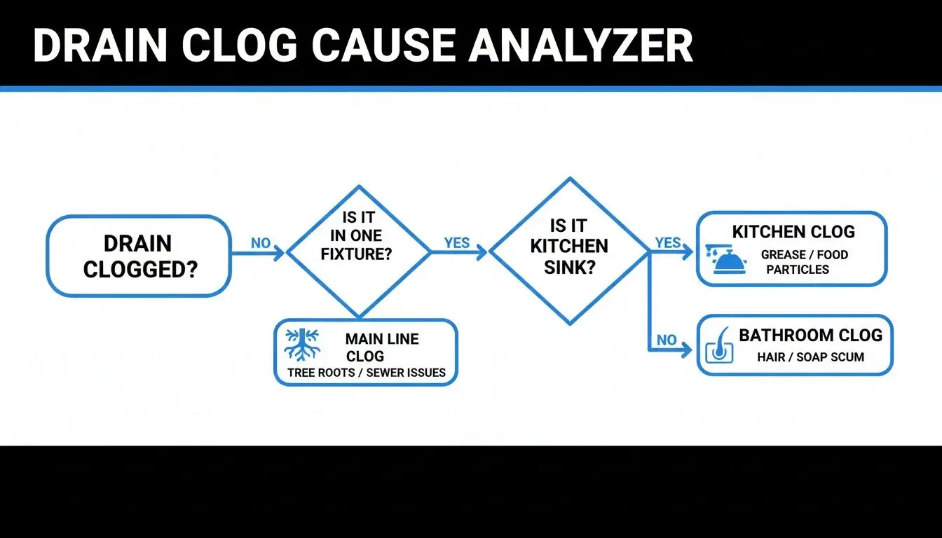 A flowchart analyzing drain clog causes, differentiating between main line, kitchen, and bathroom clogs.