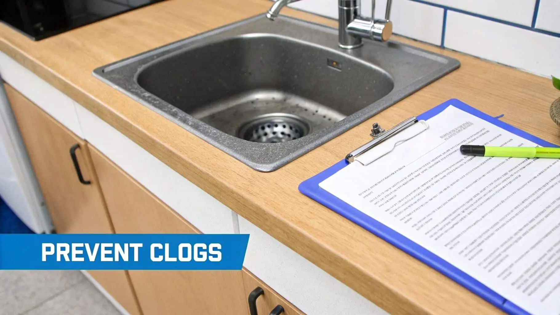 A clean kitchen sink, wooden countertop, and cabinets, with a clipboard and 'PREVENT CLOGS' banner.