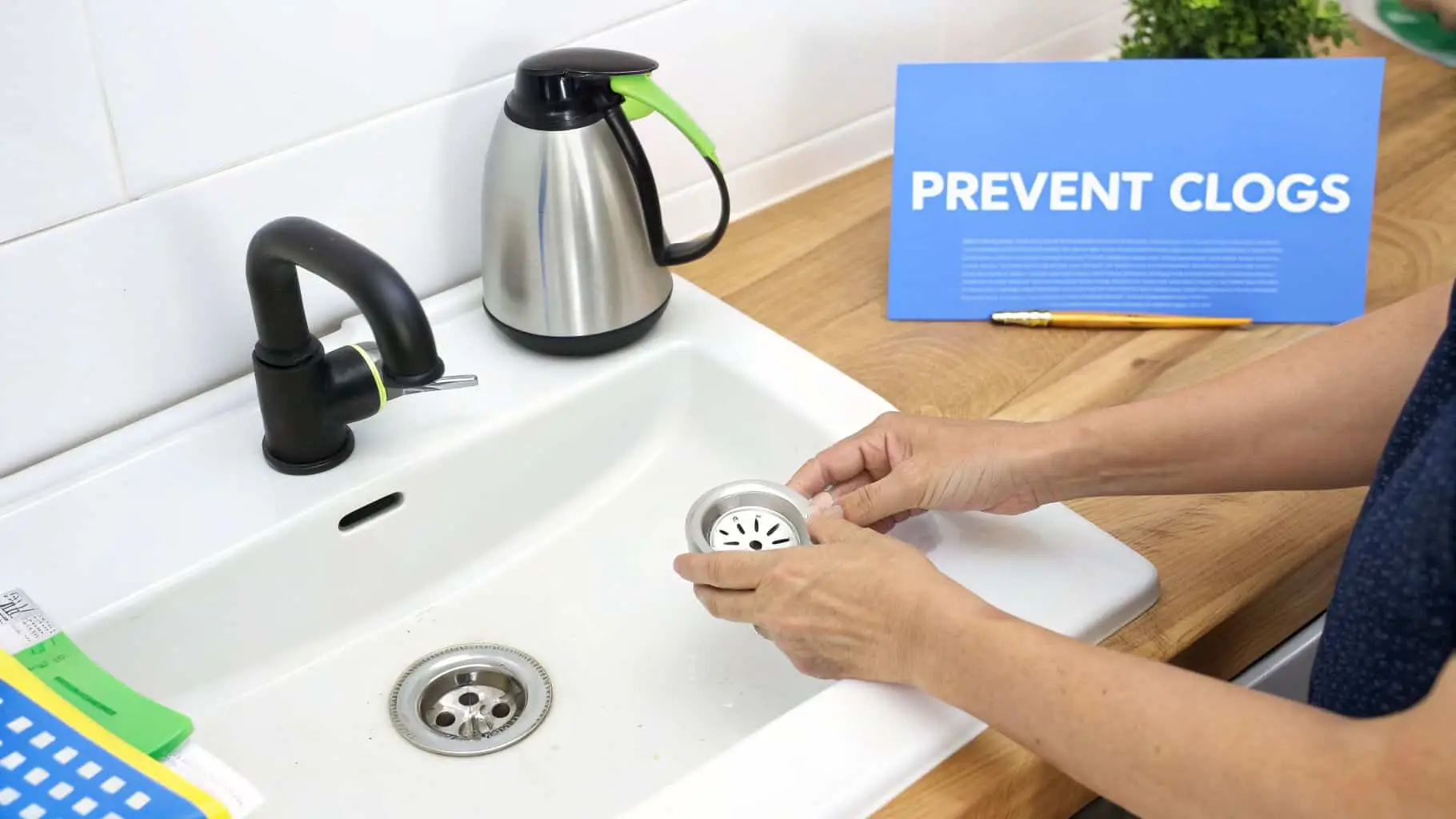 A person's hands holding a sink drain strainer over a kitchen sink with a 'PREVENT CLOGS' sign.