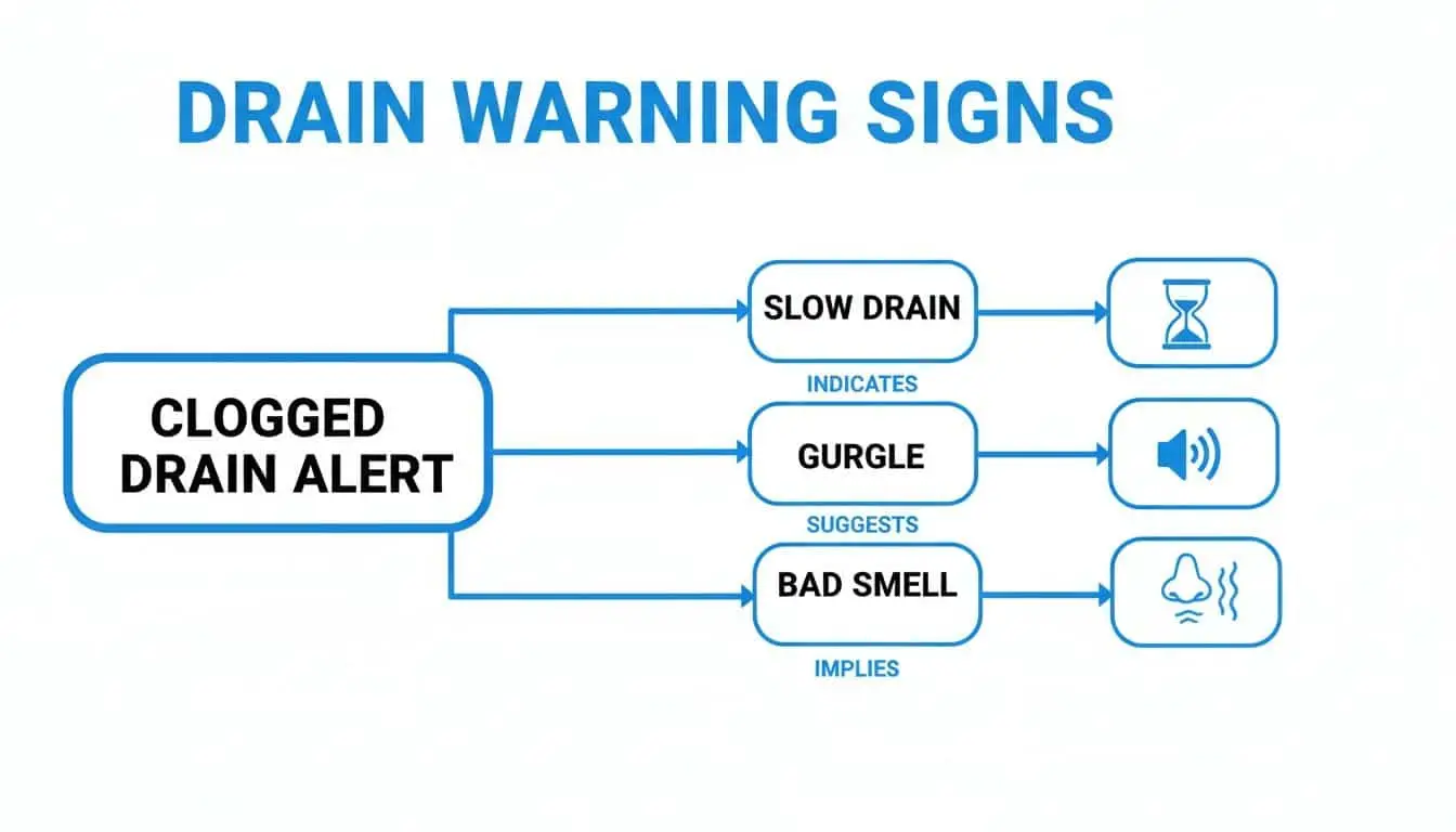 Infographic outlining common drain warning signs: slow drain, gurgle, and bad smell.