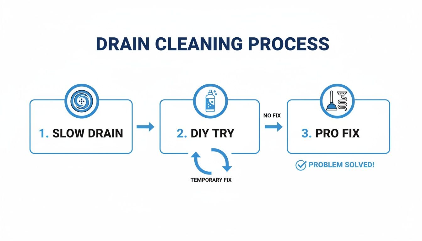 Flowchart illustrating the drain cleaning process: slow drain, DIY try, and professional fix for resolution.