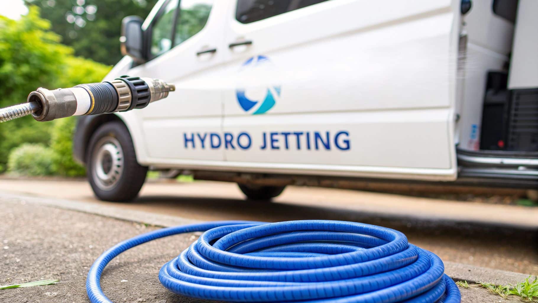A white 'HYDRO JETTING' service van with a blue hose and nozzle on the ground, ready for drain cleaning.