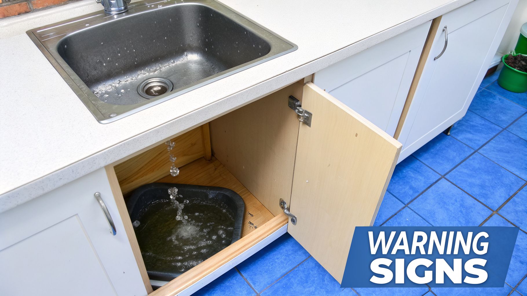 Water leaking from under a kitchen sink into a basin inside an open cabinet.