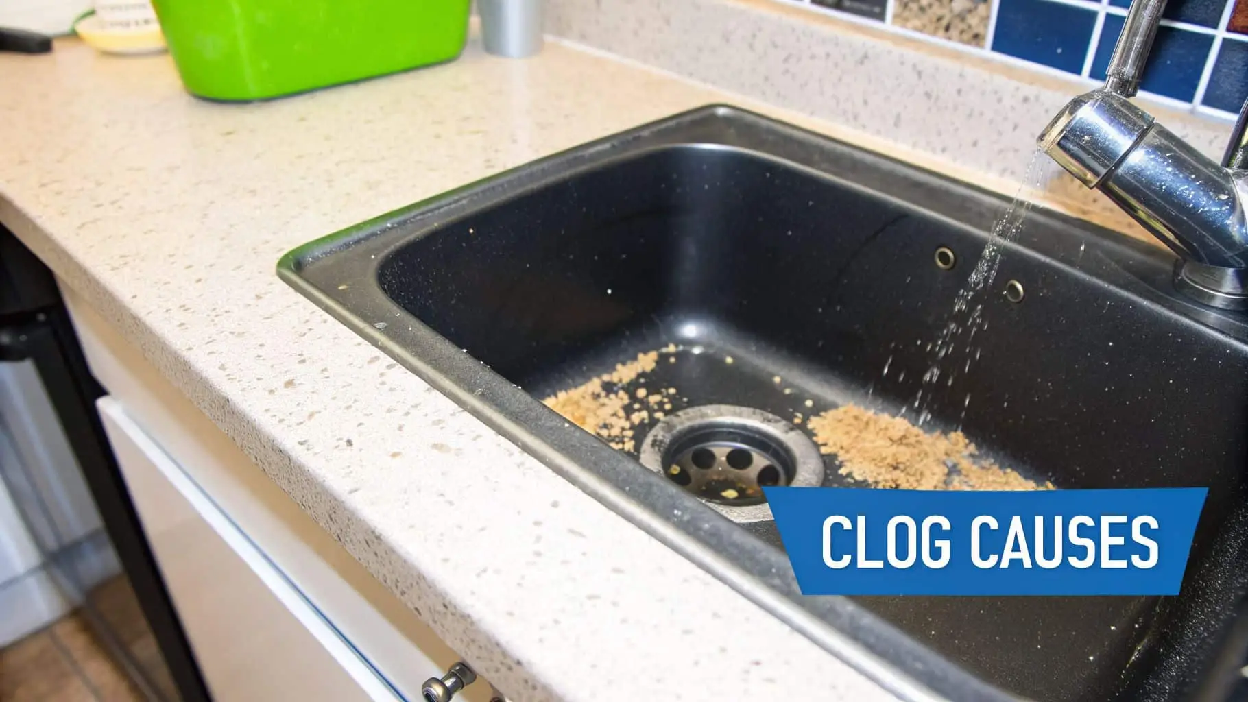 A kitchen sink with food scraps near the drain and running water, with 'CLOG CAUSES' banner.