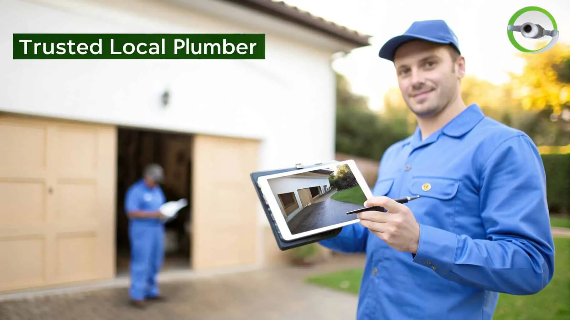 A trusted local plumber in a blue uniform holds a tablet showing a house, smiling at the viewer.