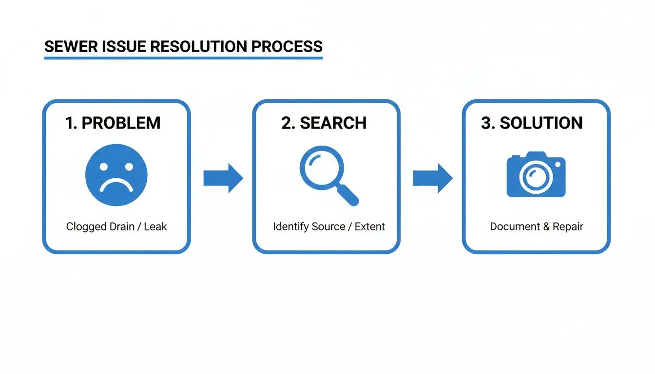Three-step diagram illustrating the sewer issue resolution process: problem, search, and solution.