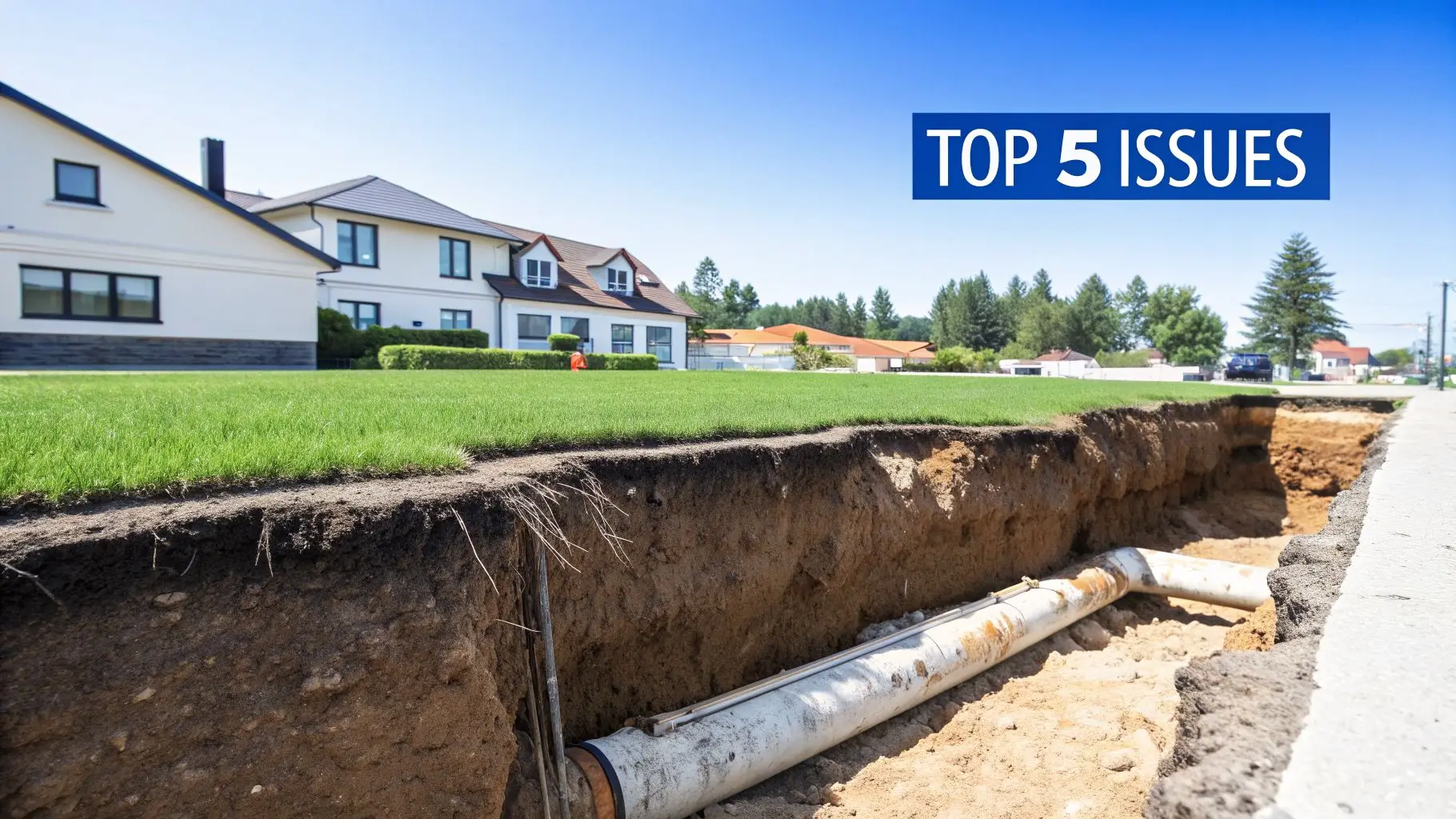 An open trench revealing underground sewer pipes in a residential area, with "TOP 5 ISSUES" overlay.