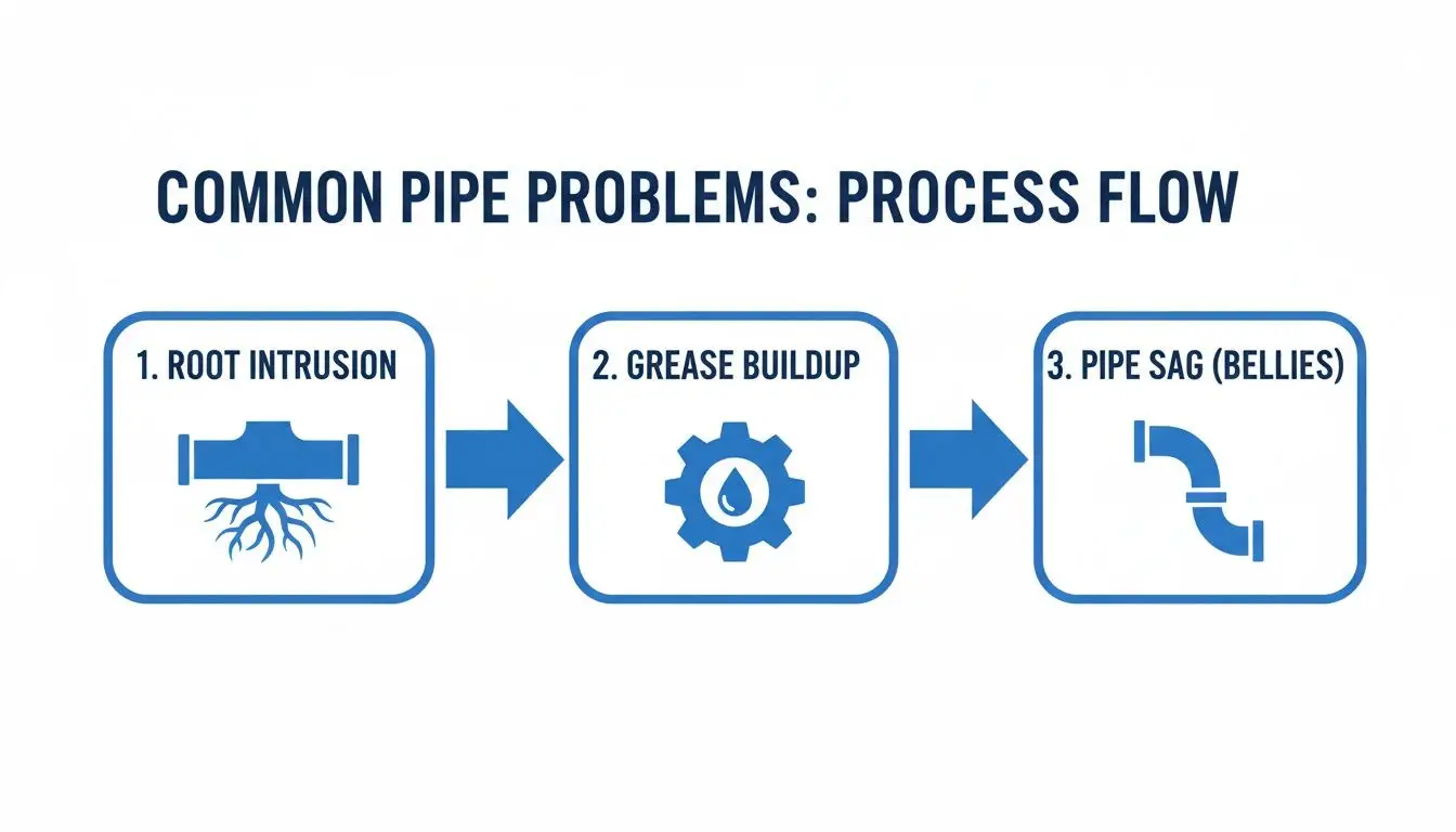 Your Guide to Sewer Camera Inspection in Las Vegas 2 A process flow diagram illustrating common pipe problems: root intrusion, grease buildup, and pipe sag.