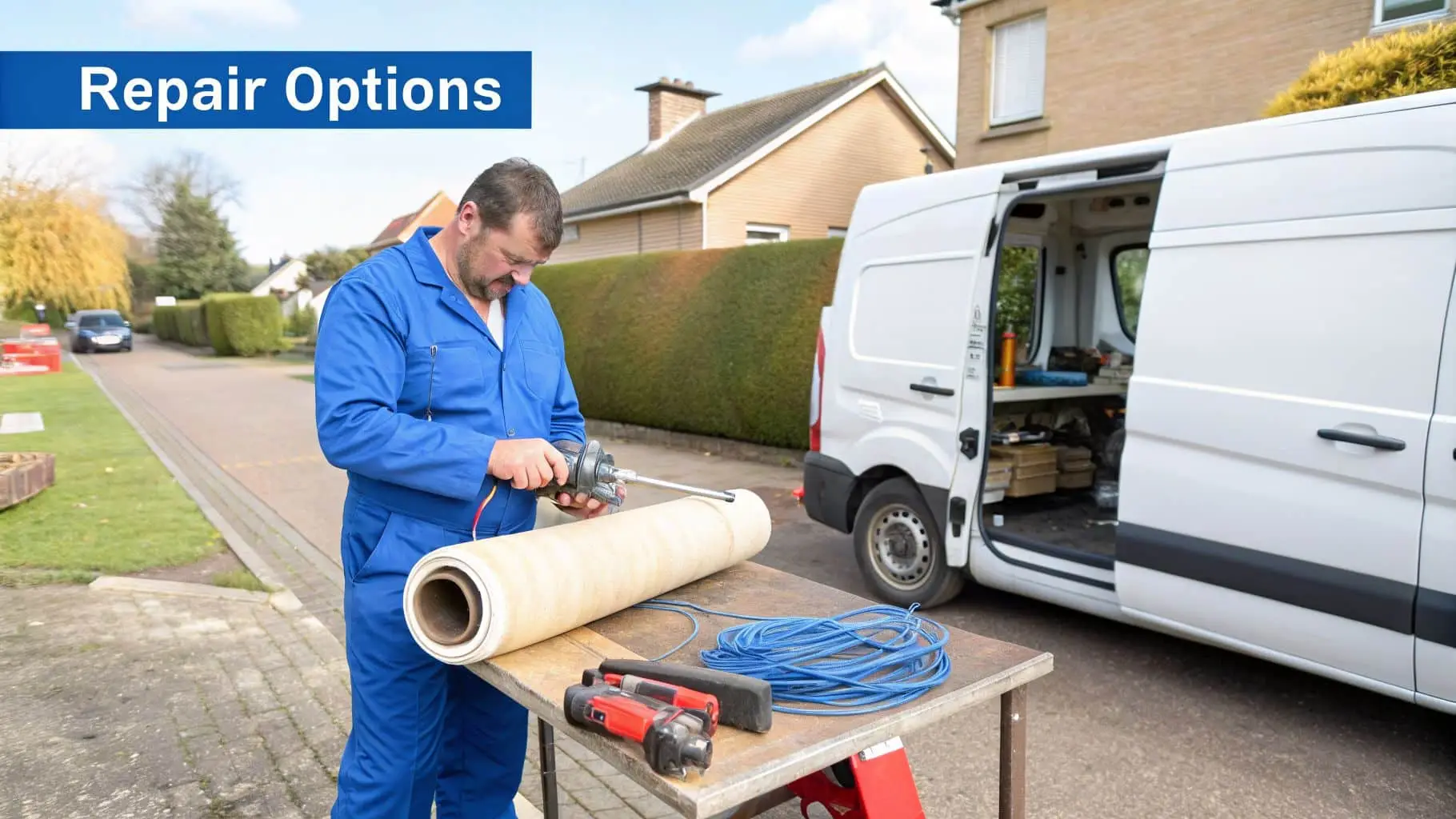 Your Guide to Sewer Camera Inspection in Las Vegas 3 A technician in blue overalls prepares a pipe liner with tools next to his service van.