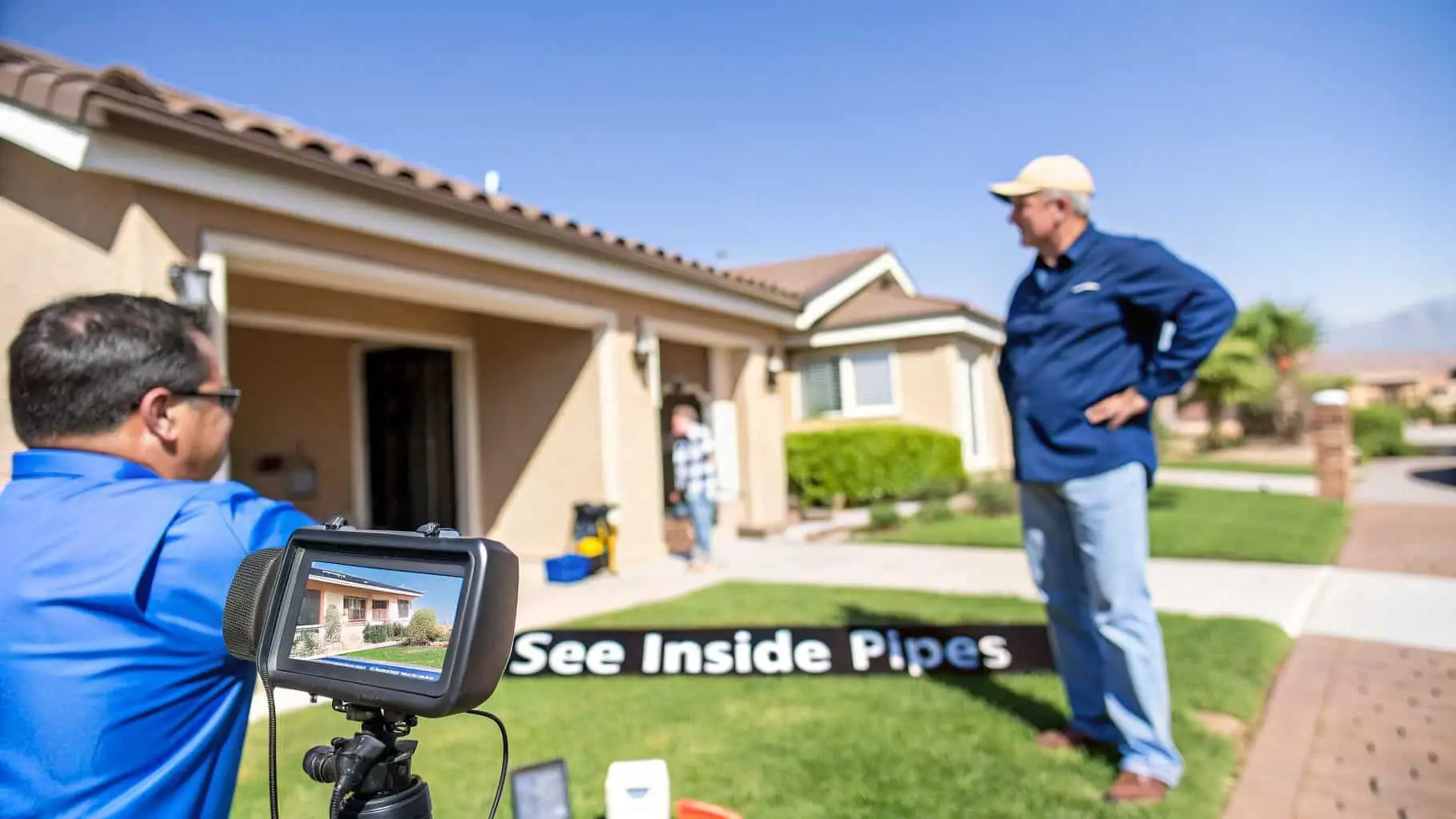Your Guide to Sewer Camera Inspection in Las Vegas 1 A professional performs a sewer camera inspection outside a house, displaying results on a monitor.