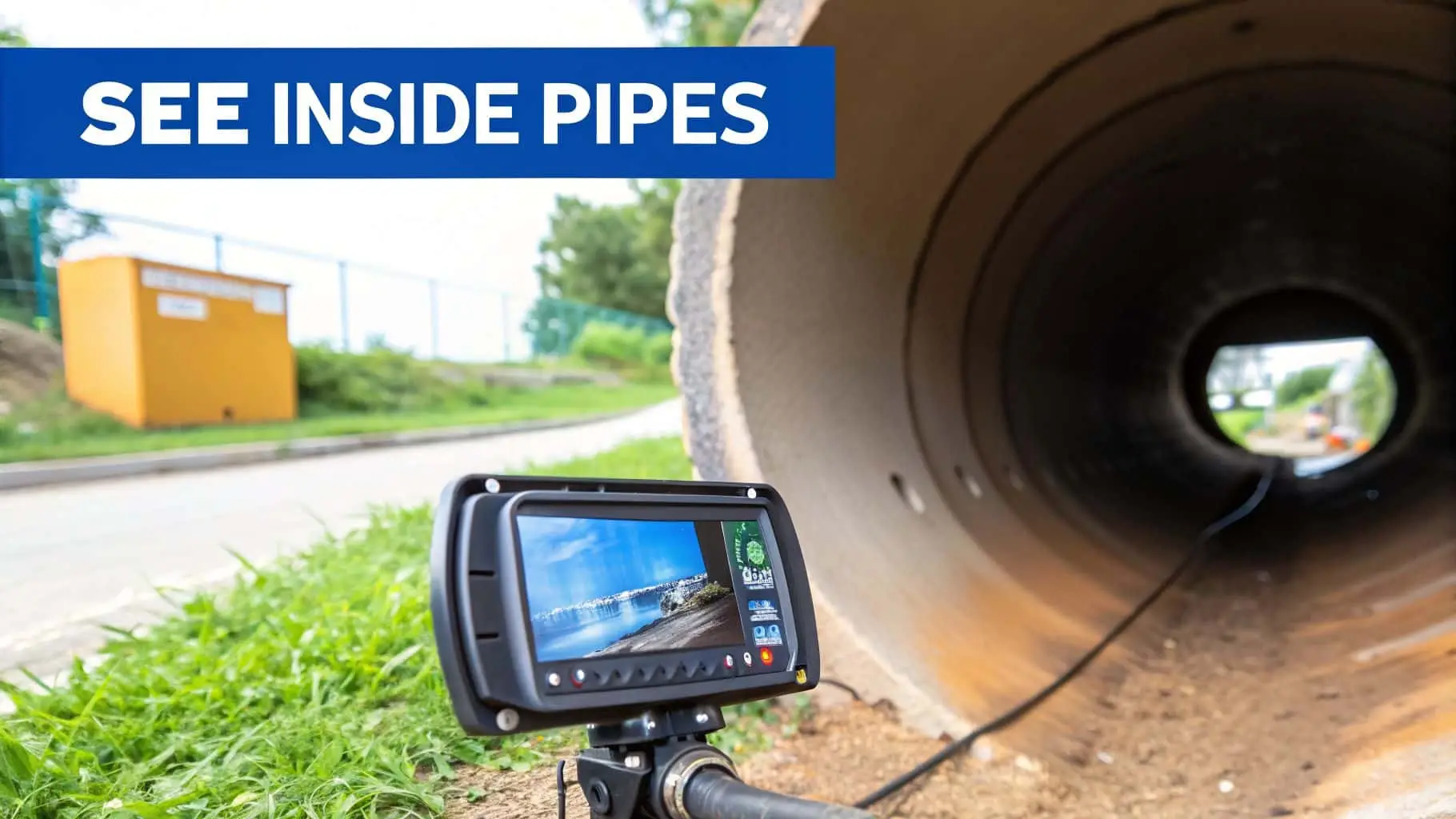 A pipeline inspection camera system monitor displaying views from inside a large pipe.