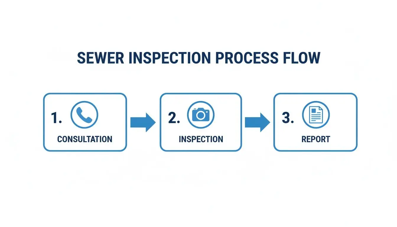 Sewer inspection process flow diagram showing three steps: consultation, inspection, and report with icons.