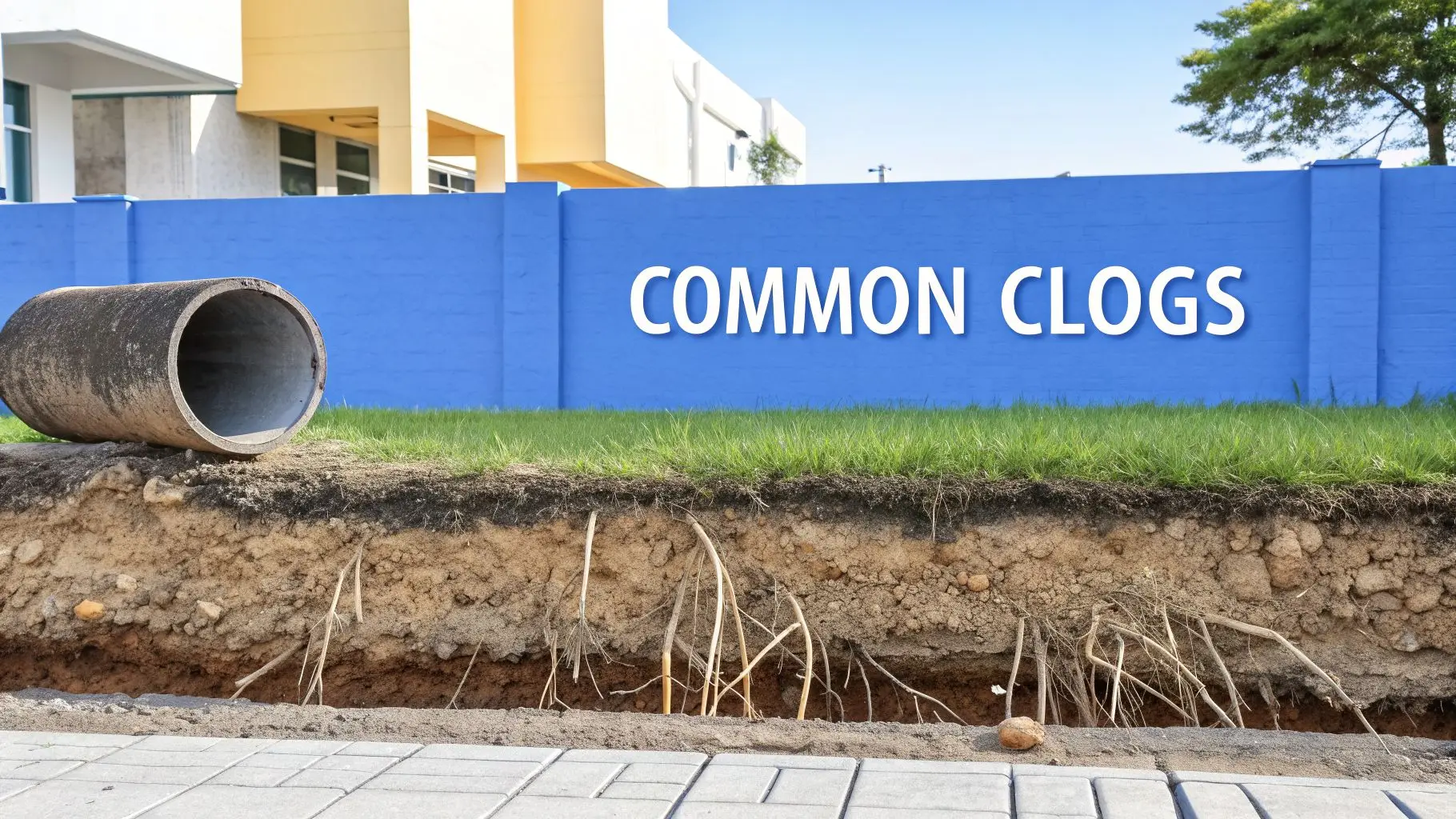 Exposed soil with grass, tree roots, a concrete pipe, and a blue wall displaying 'COMMON CLOGS'.