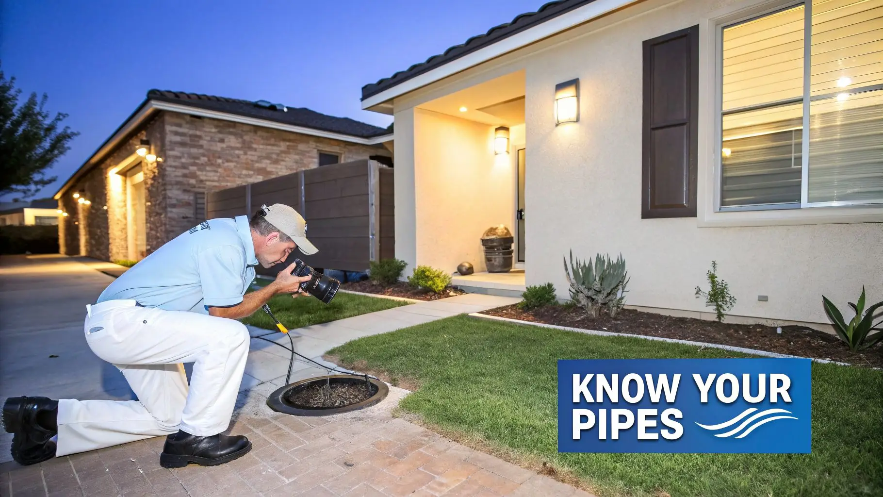 A professional uses a camera to inspect a residential sewer line at dusk, highlighting plumbing services.