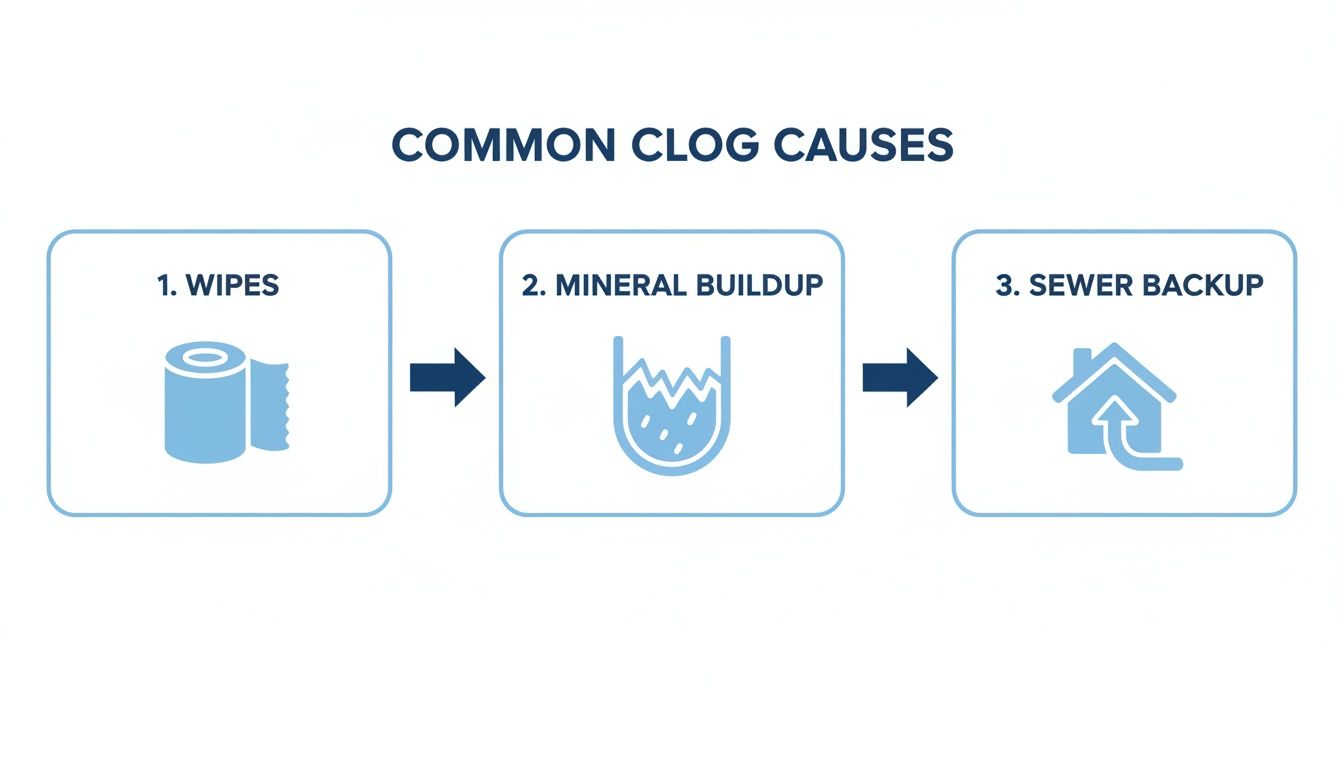 An infographic displaying three common causes of clogs: wipes, mineral buildup, and sewer backup.