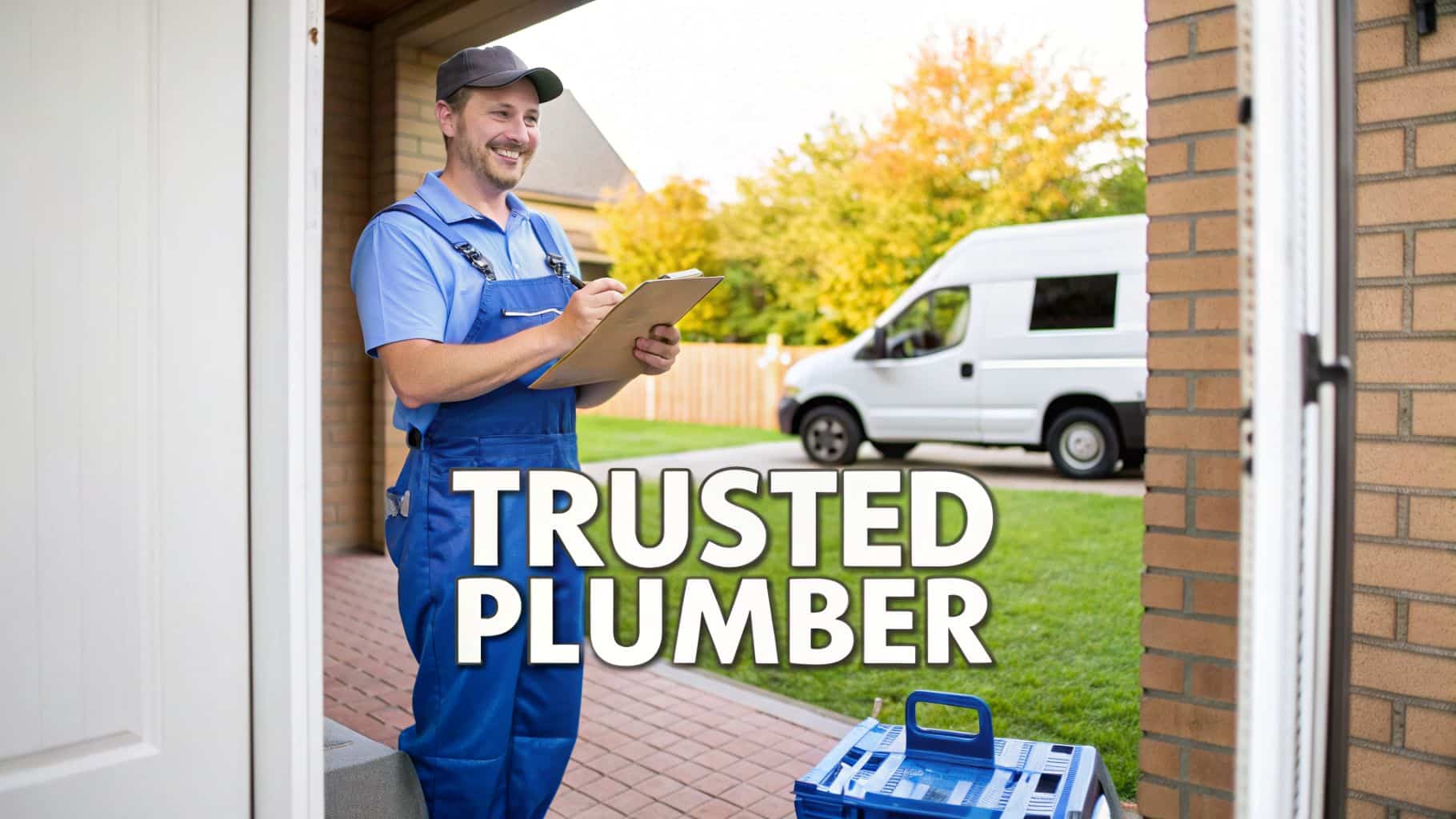 A happy male plumber in blue overalls holding a clipboard, standing at a house entrance with a van.