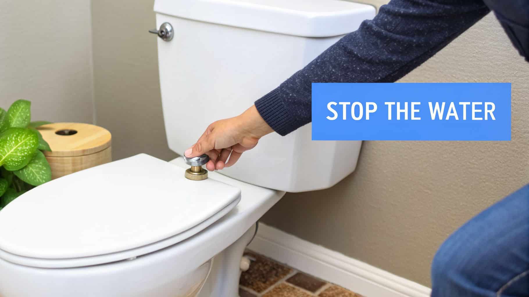 A person's hand turns a shut-off valve on a white toilet to stop the water flow.