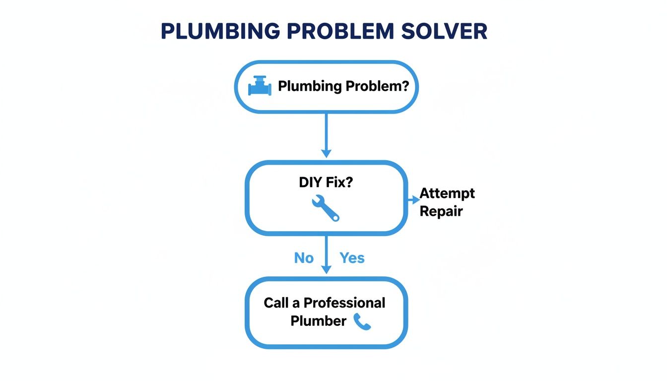 Flowchart outlining steps to solve plumbing problems, from DIY fixes to calling a professional.