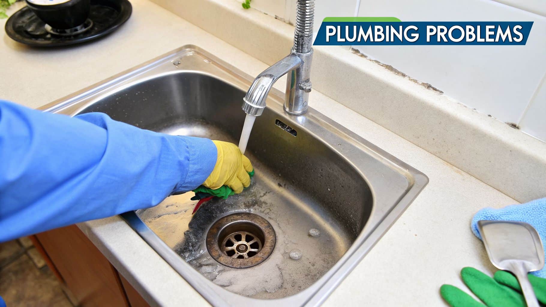 Hand in yellow glove cleaning a grimy kitchen sink under a faucet, highlighting plumbing problems.