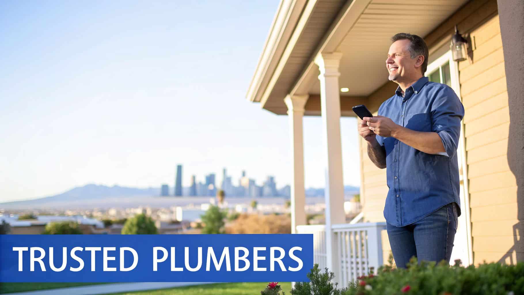 Smiling man on a porch holding a phone, with a city background and 'TRUSTED PLUMBERS' text.