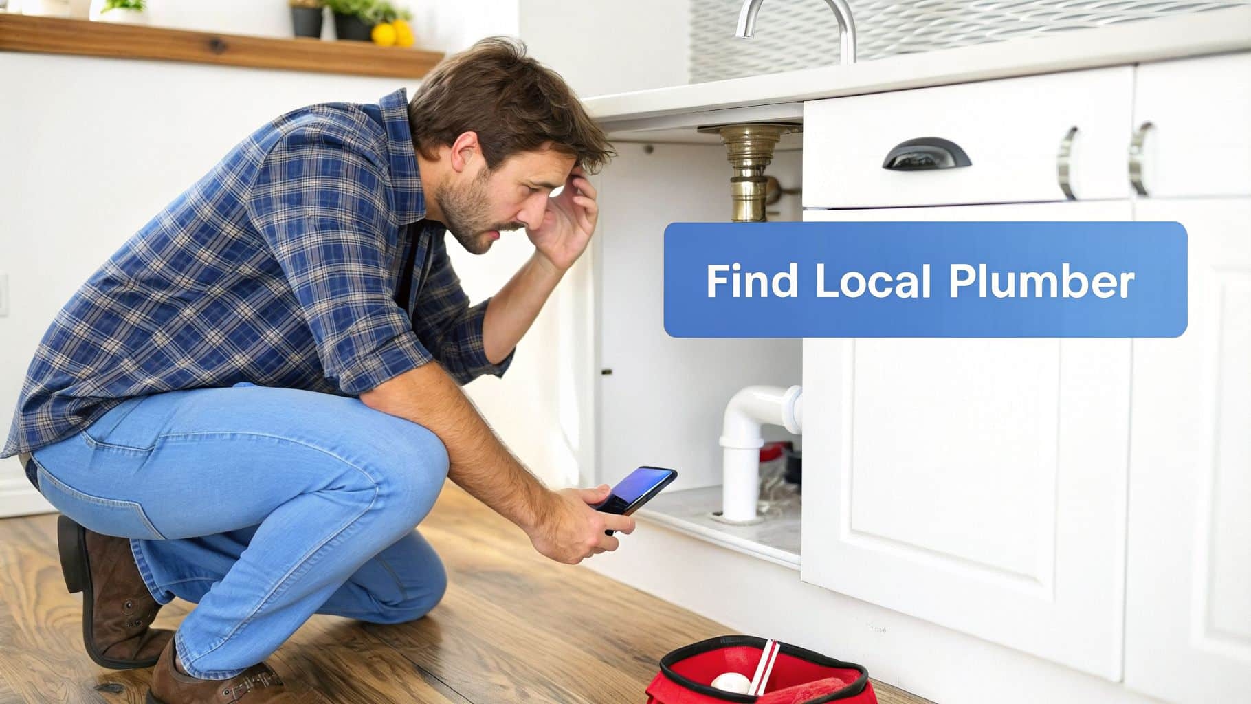 A worried man inspects a leaky pipe under his kitchen sink, using his phone to find a local plumber.