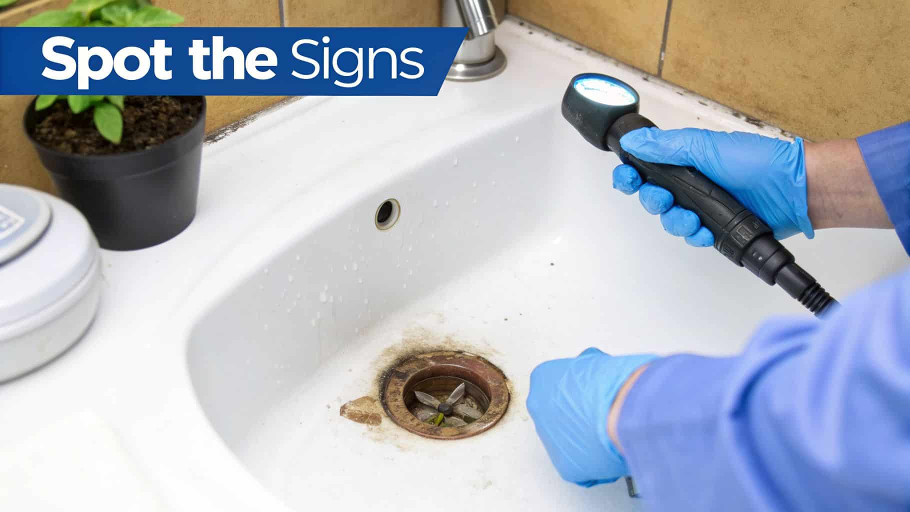 A plumber wearing blue gloves uses a flashlight to inspect a dirty kitchen sink drain.