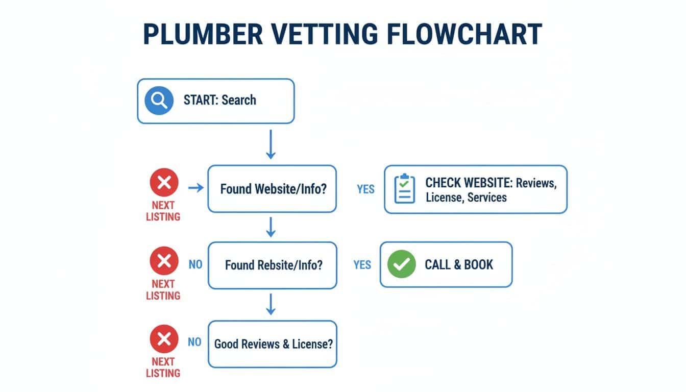 A plumber vetting flowchart showing steps like search, checking websites for reviews and license, and booking.