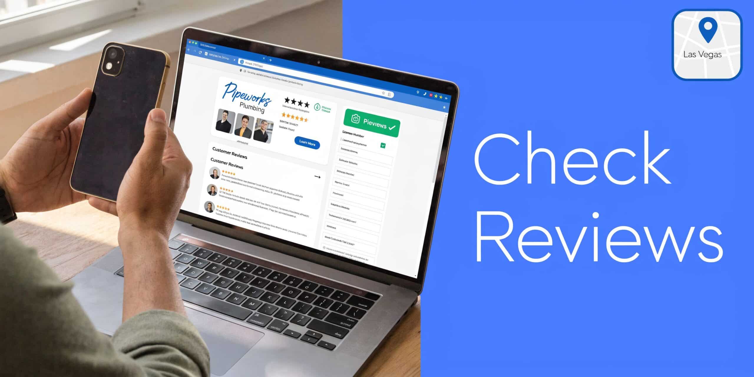 A person checking professional plumbing reviews on a laptop while holding a smartphone in their hand.