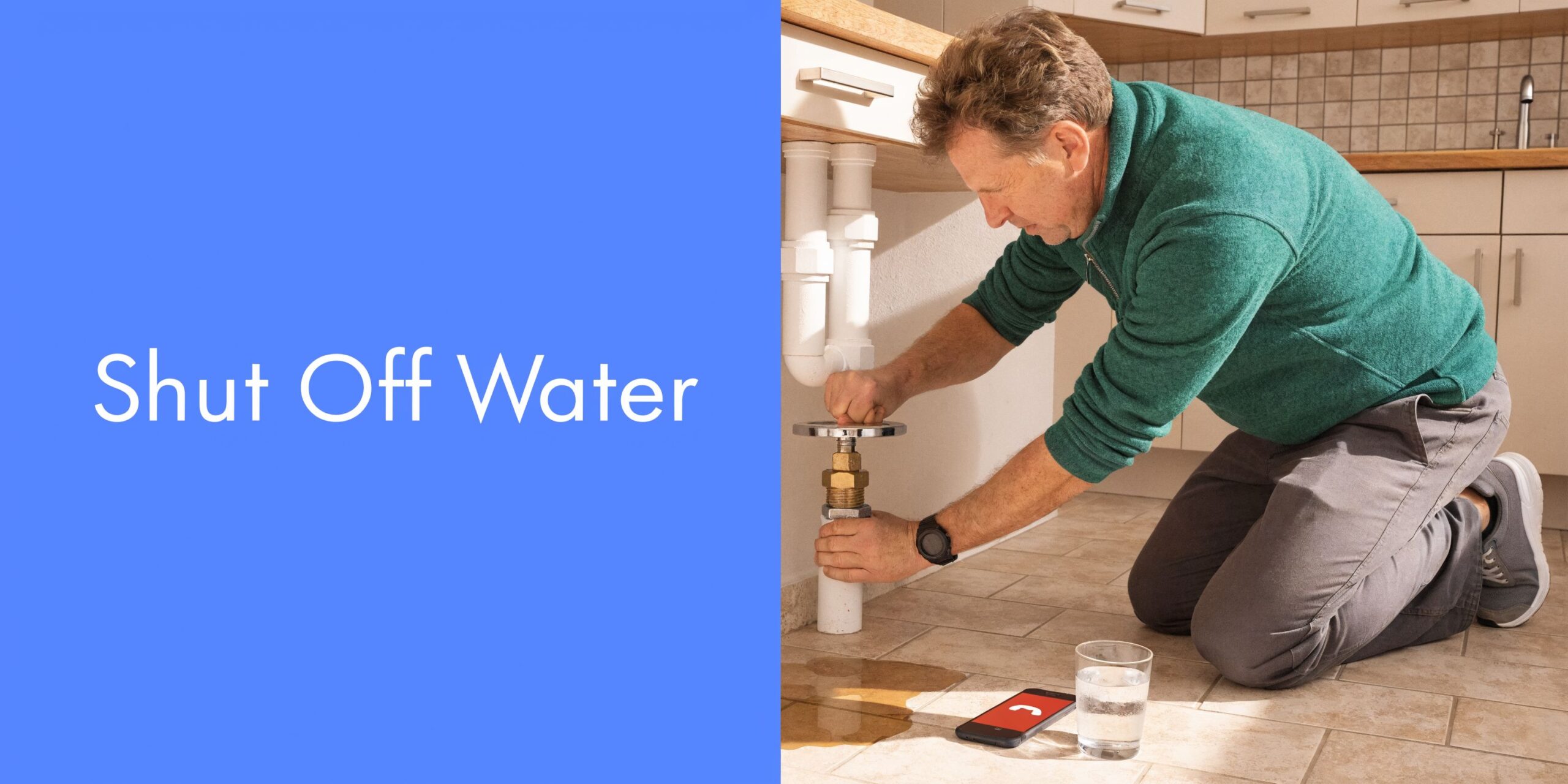 A professional plumber in a green sweater repairing a leaking pipe under a kitchen sink.