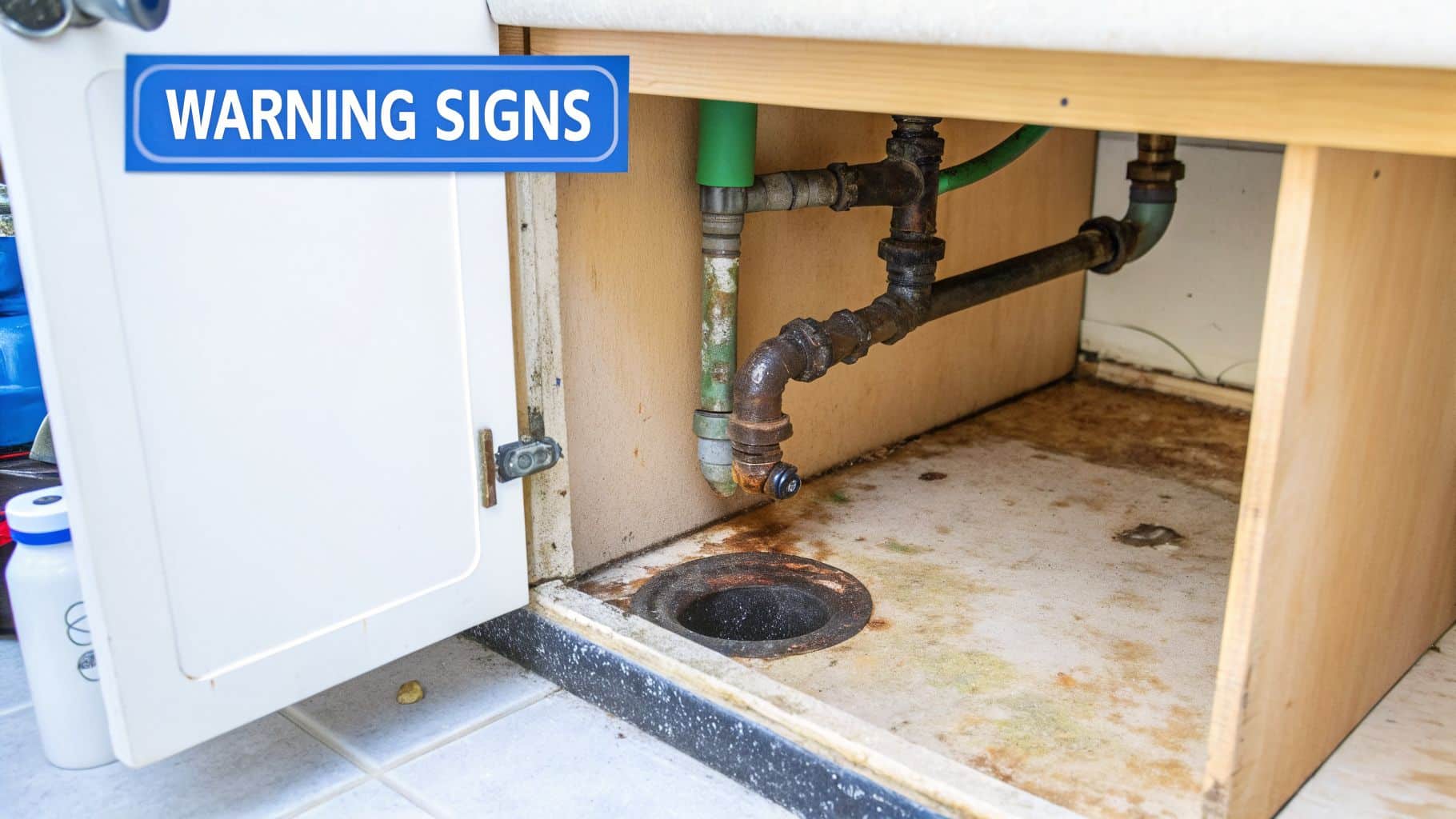 Under-sink cabinet with rusty pipes, a floor drain, and water damage indicating plumbing issues.