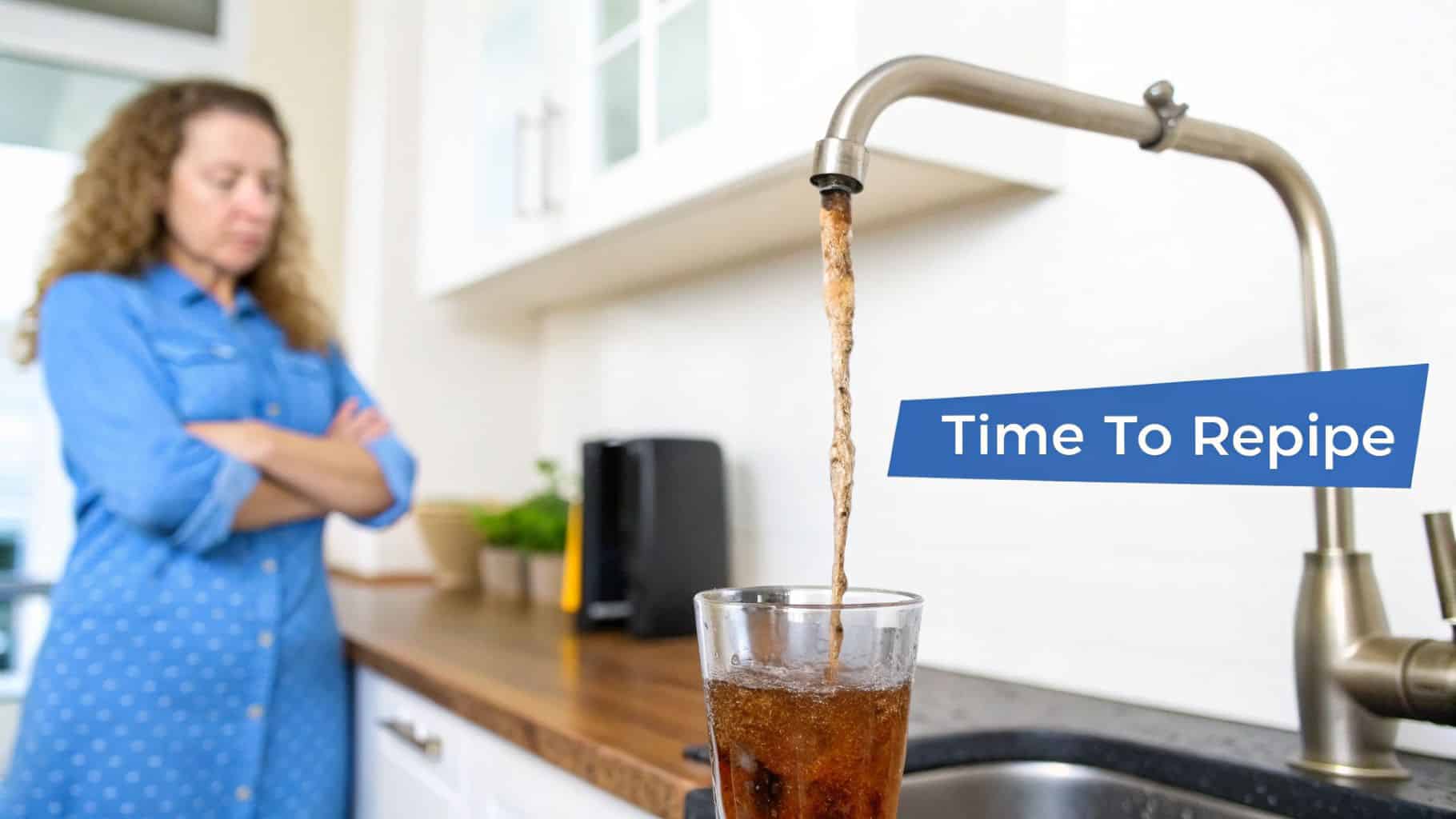 A worried woman stands in a kitchen as rusty, dirty water pours from a faucet into a glass.