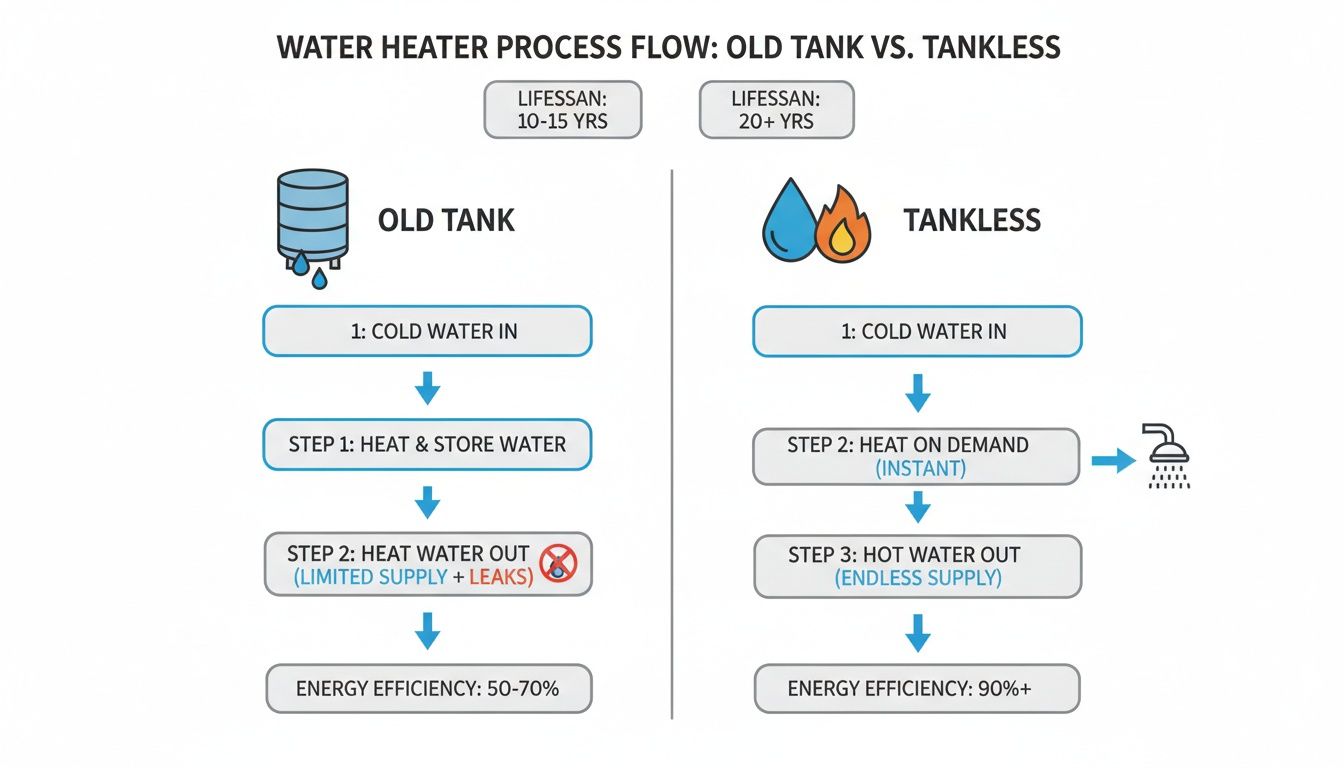 Infographic comparing old tank and tankless water heater process flows, highlighting efficiency, lifespan, and supply.