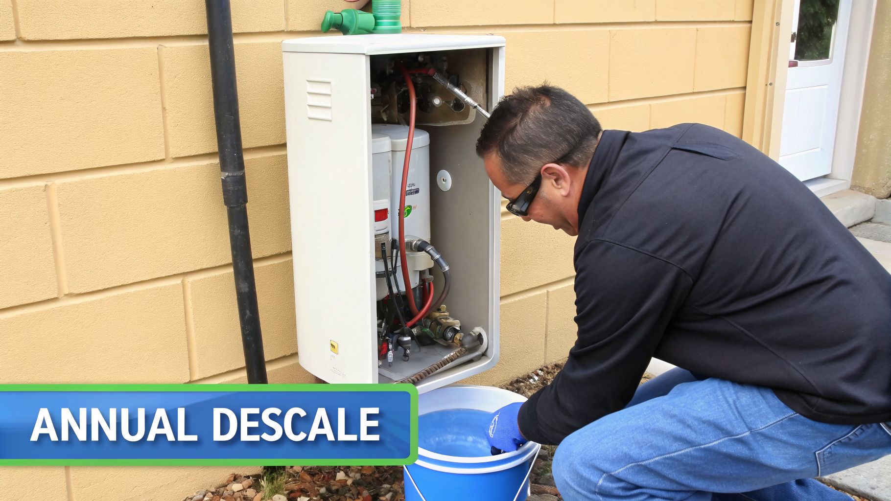 Man in sunglasses and gloves descaling an outdoor tankless water heater with a blue bucket.