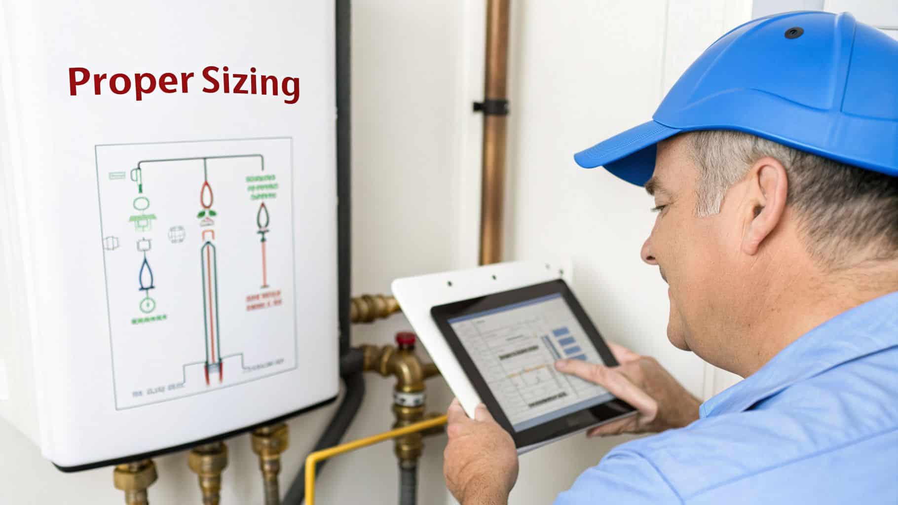 A technician in a blue hat and shirt is using a tablet to calculate the proper sizing for a tankless water heater.