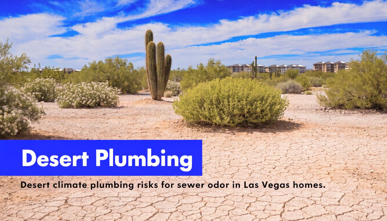 A dry desert landscape in Las Vegas with scrub bushes and a tall cactus under a blue sky.