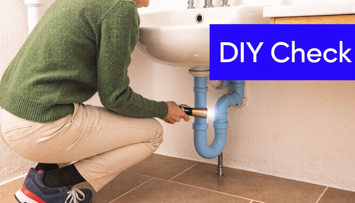 A person using a flashlight to inspect the blue P-trap plumbing under a bathroom sink.