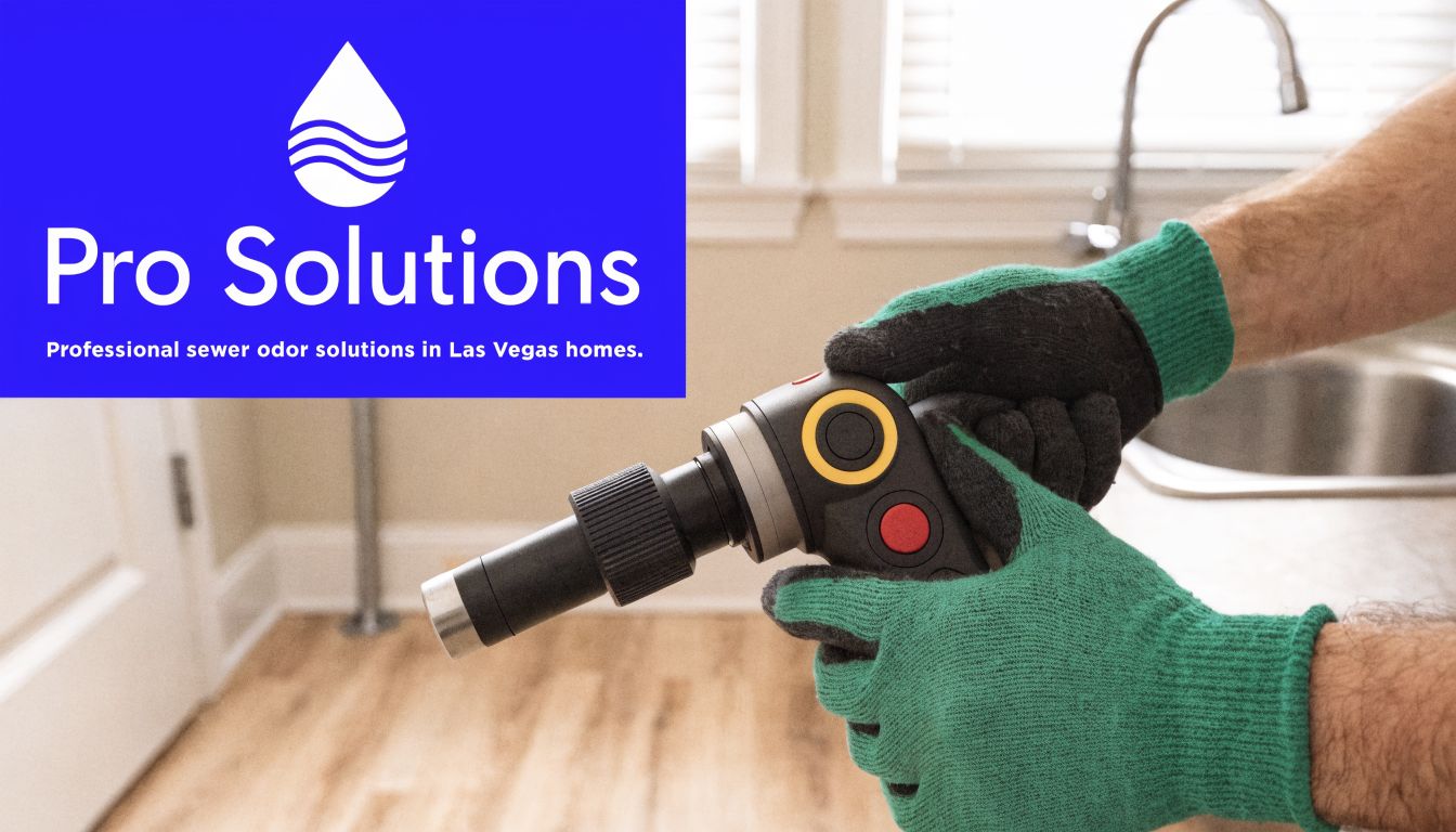 A professional plumber wearing green gloves using a drain inspection tool to locate sewer odors indoors.