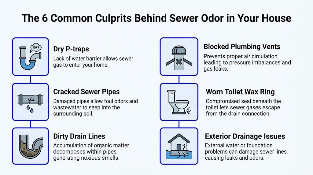 A helpful infographic listing six common causes of unpleasant sewer odors found in residential homes.