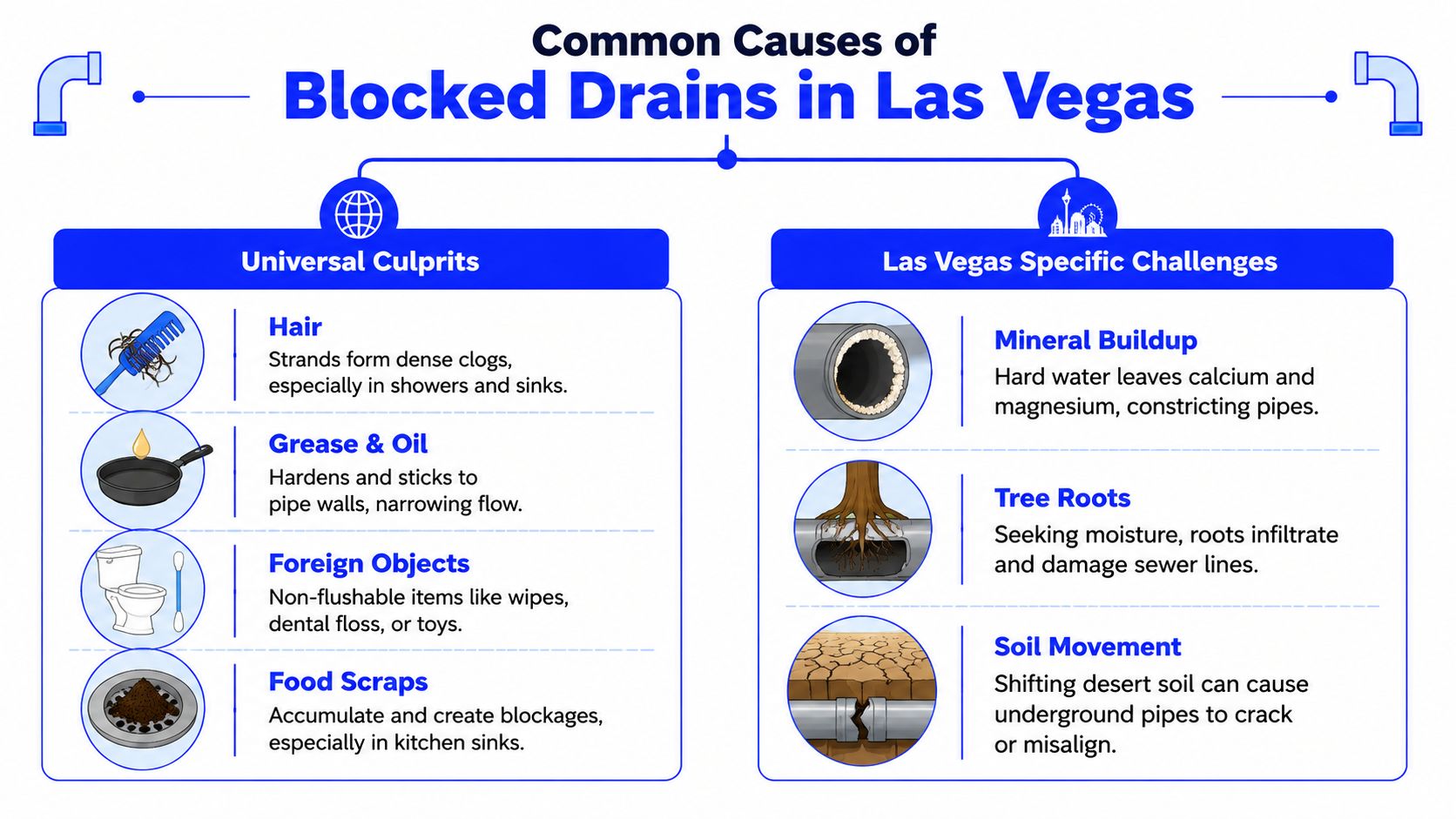 An infographic detailing common causes of blocked drains in Las Vegas, categorized into universal and local issues.