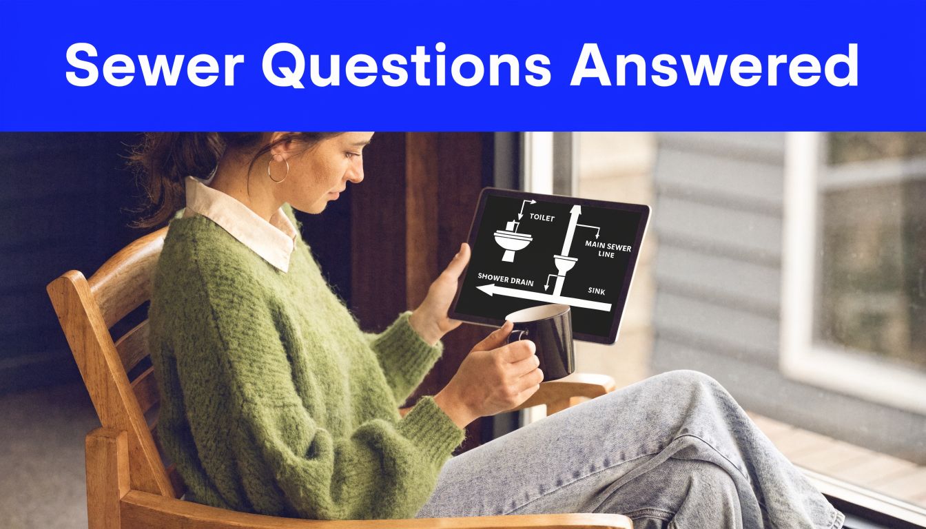 A woman sits in a chair reviewing a diagram of a residential home plumbing and sewer system.