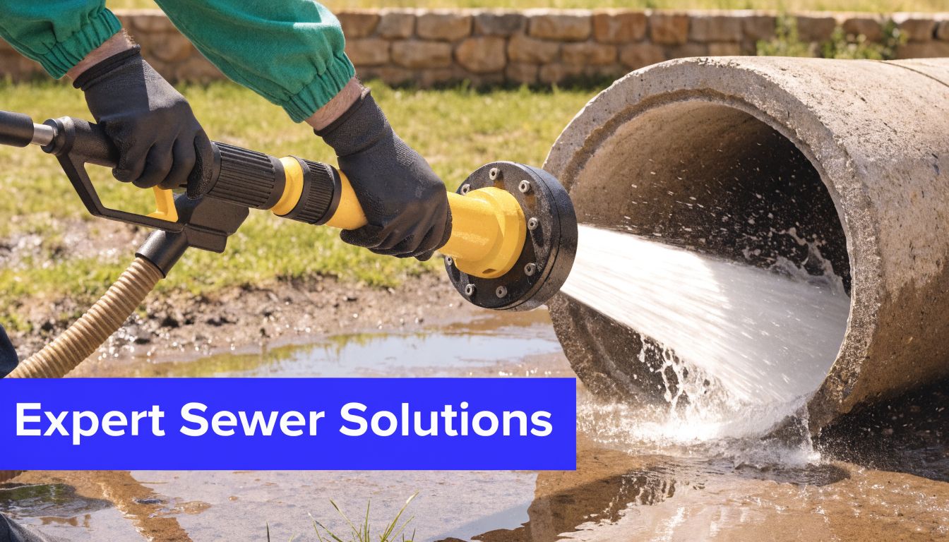 A professional worker using a high-pressure water jet hose to clean a large concrete blocked sewer drain.