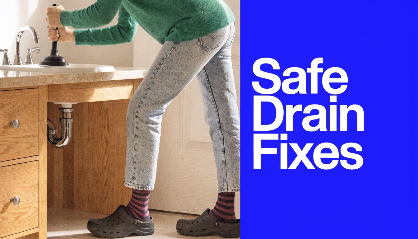 A person in a green sweater and jeans uses a sink plunger to fix a bathroom drain.