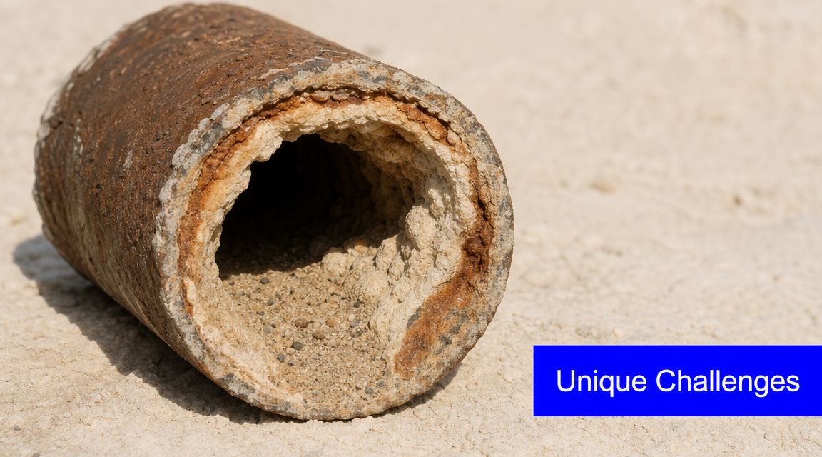A corroded and heavily mineralized pipe section lying on a dusty ground surface, illustrating plumbing system failure.