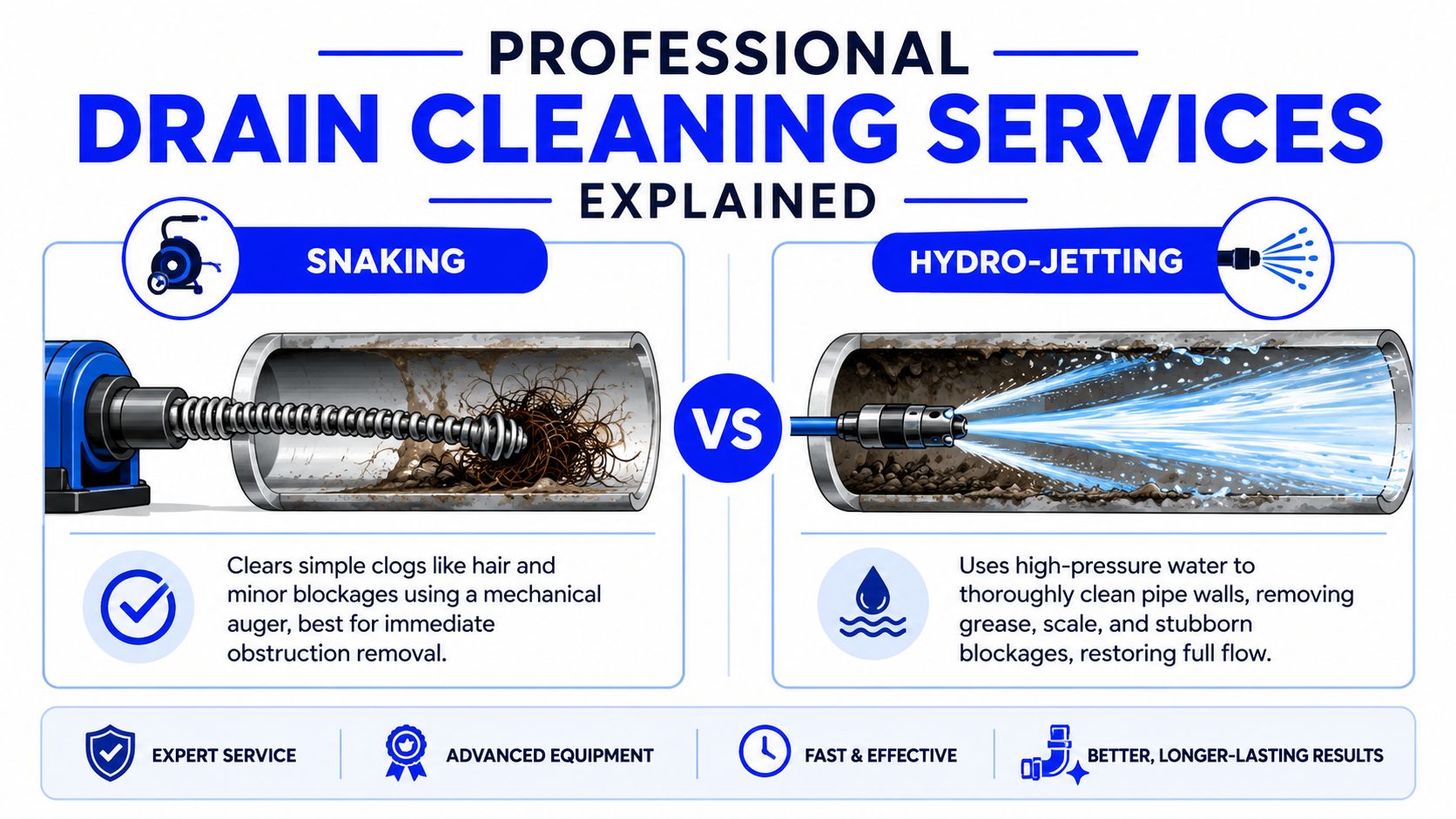 An infographic comparing snaking and hydro-jetting services for professional drain cleaning and obstruction removal in pipes.
