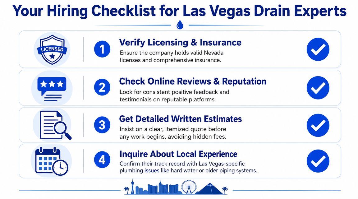 A checklist for hiring professional drain cleaning services in Las Vegas, featuring four essential steps to follow.