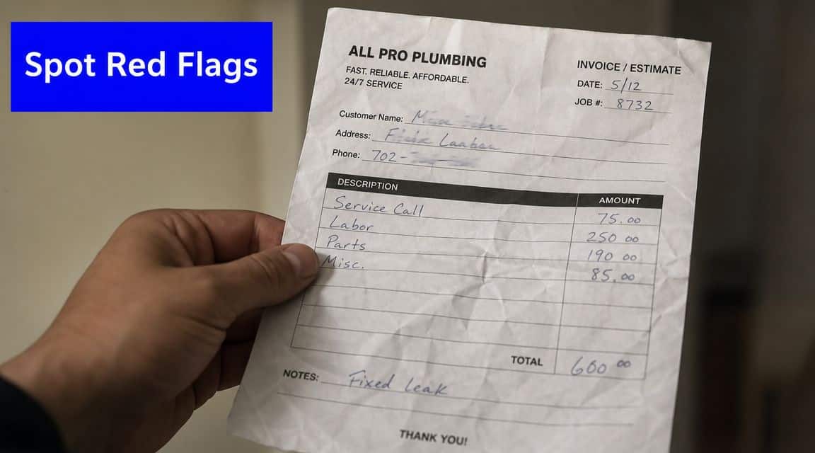 A hand holding a crumpled plumbing invoice from All Pro Plumbing showing various itemized service charges.