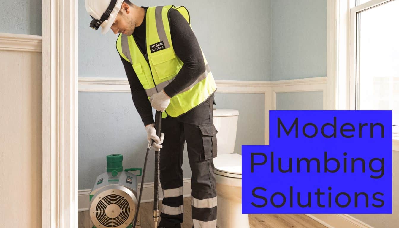 A professional plumber in high visibility gear using a drain cleaning machine to fix a residential toilet.