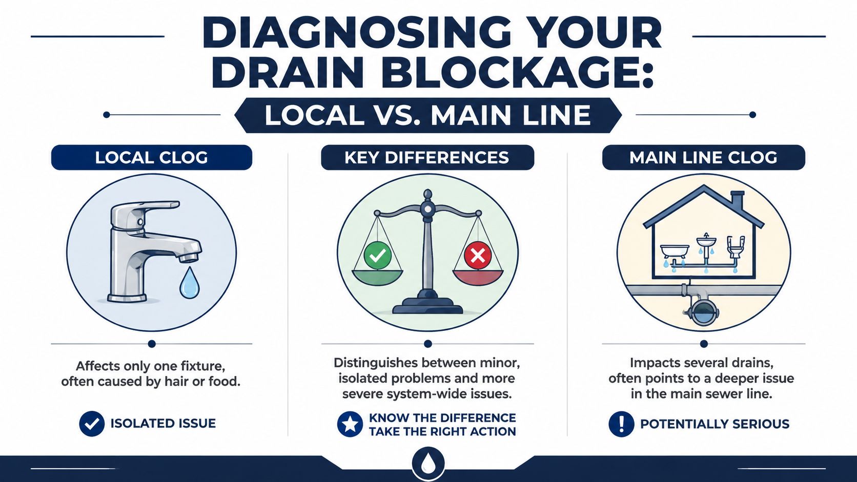An infographic showing the difference between a minor local drain clog and a serious main sewer line blockage.