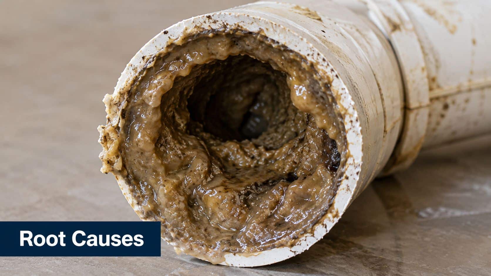 A close-up view of a PVC pipe heavily clogged with thick, brown grease and food waste buildup.